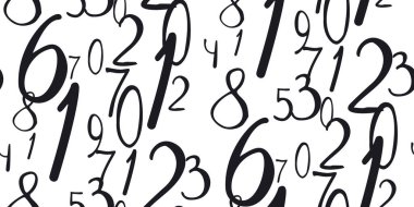 Beyaz üzerine elle yazılmış siyah sayılar. Rastgele yerleştirilmiş farklı tek renkli sayıların kusursuz matematiksel arkaplanı. Çocuk odası, çocuk oyun odası ve sınıf için vektör illüstrasyon okul şablonu