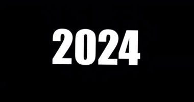 Animasyon 2024. Beyaz sayılar 2024 siyah zemin üzerinde düşen kar tanelerinden görünüyor. Web sitesi, afiş, tebrik kartları, uygulamalar ve sosyal medya paylaşımları için minimal tasarım. 4K Video hareketi grafiği