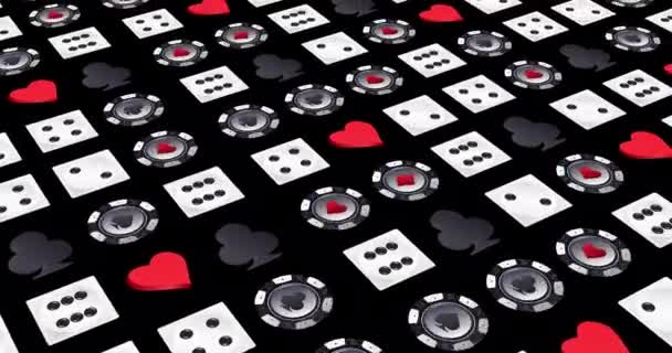 カードスーツシンボル ブラックのアイコン ポーカーチップ サイコロキューブ ダイヤモンド クラブ ハート スペード シンボルとトークンのシームレスなループパターン ホワイトプレイサイコロキューブ — ストック動画