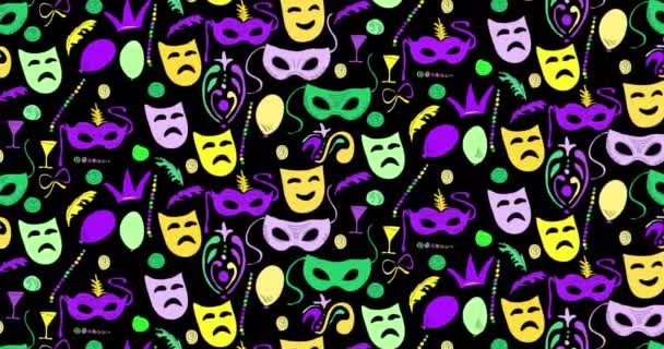 マルディ ファット火曜日 美しいフルール リリーのシンボル 黒いスクリーンのカーニバル マスクのアニメーションの背景 カーニバルマルディグラ 左から右に移動する4Kシームレスループビデオを挨拶 — ストック動画