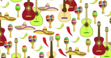 Meksika 'da Cinco de Mayo federal bayramı. Kusursuz Meksika kültür sembolleri parlak renkli marakalar, sombrero, kaktüs, karabiber, beyaz üzerine gitar. 4K Video hareketli grafik döngü canlandırması
