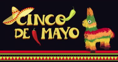 Meksika 'da Cinco de Mayo federal bayramı. Meksika kültür sembollerinin animasyon deseni parlak marakas, çizgili renkli pinata, sombrero, biber, siyah üzerine. 4K Video hareketli grafik canlandırması