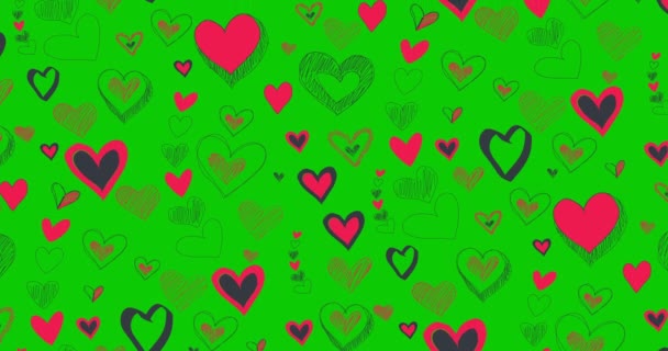 Romantisches Animationsmuster Mit Rot Rosa Herzen Auf Grünem Bildschirm Nahtloses — Stockvideo