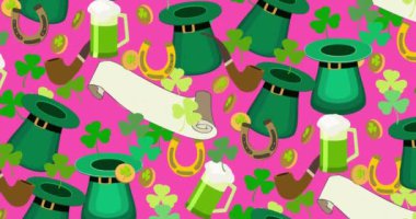 Aziz Patrick Günü motifi yeşil yonca. Altın sikkeli animasyon deseni, leprikon şapka, bira kupası, yonca, mutlu at nalı. Web şablonu için harika, web sayfası için başlık. Kusursuz döngü 4k video
