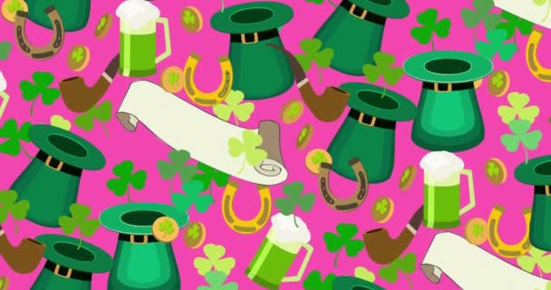 Saint Patrick Day Motif Hijau Shamrock Pola Animasi Dengan Koin — Stok Video