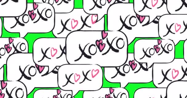 手書きの落書きXo コミックバブルホワイトの赤いハート グリーンにハグとキスでアニメーションロマンチックなパターン 結婚式のためのシームレスなループ4Kグラフィックモーション ラブストーリー バレンタインデー — ストック動画