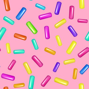 Tatlı taneleriyle gerçekçi bir şekilde serpin. Kusursuz desenli parlak renkli parçacıklar pembeye izole edilmiş. Tatil tasarımları için tasarım, parti, doğum günü, davetiye. Vektör 3d tatlı konfeti