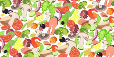 Taze salata malzemeleri hazır. Dilimlenmiş sebzeler, et ürünleri, sandviç yapmak için yeşiller. Atıştırmalıklar Sebze ve deniz ürünlerinin sağlıklı ve lezzetli gıda fikirleri. Formda kalmak için bulaşıklar. Kusursuz vektör