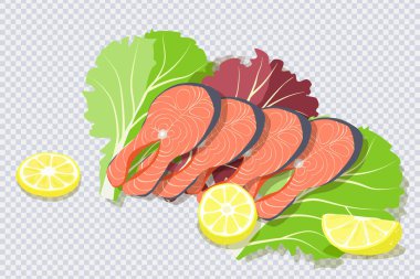 Kırmızı balık bifteği. Şeffaf somon, limon ve marul yapraklarıyla kaplı. Restoran için taze organik deniz ürünleri, suşi bar menüsü, poster. Sağlıklı ve lezzetli yemek fikirleri. Vektör illüstrasyonu