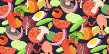 Taze salata malzemeleri siyaha dizilmiş. Sandviç yapmak için dilimlenmiş sebzeler, deniz ürünleri, yeşiller. Atıştırmalıklar Sebze ve deniz ürünlerinin sağlıklı ve lezzetli gıda fikirleri. Formda kalmak için bulaşıklar. Kusursuz vektör