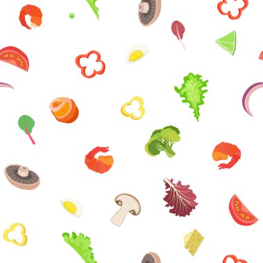 Taze salata malzemeleri hazır. Dilimlenmiş sebzeler, et ürünleri, sandviç yapmak için yeşiller. Atıştırmalıklar Sebze ve deniz ürünlerinin sağlıklı ve lezzetli gıda fikirleri. Formda kalmak için bulaşıklar. Kusursuz vektör