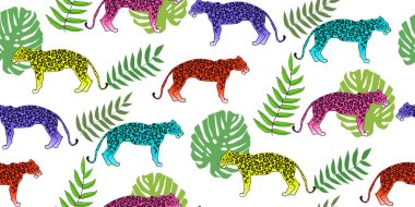 Güzel leopar hayvan. Beyaz üzerinde büyük vahşi kediler olan tropik, pürüzsüz bir desen. Leopar vahşi hayvan dokusu. Güzel düz stil. Tekstil, duvar kâğıtları ve web sayfası geçmişi için mükemmel. Vektör illüstrasyonu