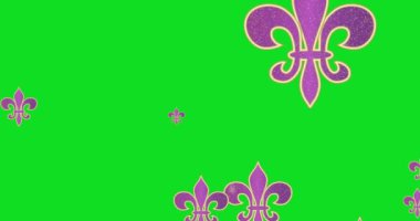 Mardi Gras Şişman Salı. Yeşil ekranda mor zambak sembolleri olan animasyon arkaplanı. Venedik karnavalı Mardi Gras selamlaması. Zambak çiçeği heraldik tasarımı. 4k video grafik hareketi