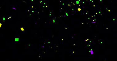 Mardi Gras parlak renkli bir konfeti. Animasyon renkli uçan sarı, yeşil, siyah arkaplanda mor boncuklar. Mardi Gras Partisi. Venedik karnavalı Mardi Gras partisi. 4k video grafik canlandırması