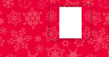 Noel arifesi kapısı açılıyor. Kırmızı üzerine hediye kutuları ve güzel kar taneleri. Noel günü, tebrik etmek için geniş kapılar açılacak. 4K video grafik canlandırması