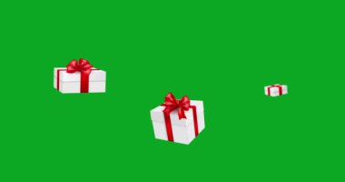 Kırmızı kurdeleli beyaz hediye kutusunu selamlıyorum. Renkli anahtar yeşil ekran üzerinde hediye kutusu olan neşeli öğe anahtarlama için taşınıyor. Sürpriz, hediye ya da tatil için özel bir teklif. 4k grafik hareketi