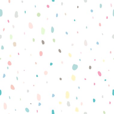 Çeşitli boyutlarda dağınık noktalar. Konfetilerin kusursuz patlama geçmişi. Paket kağıdı için soyut gelişigüzel doku, doğum günü partisi tasarımı, kumaş, ambalaj, bebek partisi, çocuk tekstili. Vektör