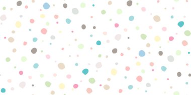 Çeşitli boyutlarda dağınık noktalar. Konfetilerin kusursuz patlama geçmişi. Paket kağıdı için soyut gelişigüzel doku, doğum günü partisi tasarımı, kumaş, ambalaj, bebek partisi, çocuk tekstili. Vektör