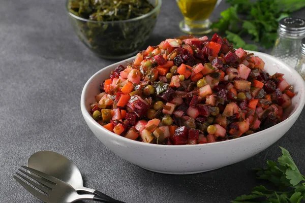 Vinaigrette Salad Made Beets Potatoes Sea Kale Green Peas Carrots — Stock Photo, Image
