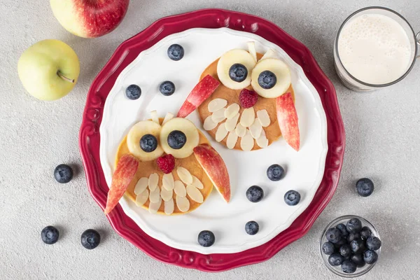 Micul Dejun Distractiv Pentru Copii Clătite Formă Bufniță Afine Zmeură — Fotografie, imagine de stoc