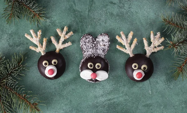 Králík Sobi Sušenek Čokolády Marshmallows Kokosových Vloček Zeleném Pozadí Vánoční — Stock fotografie