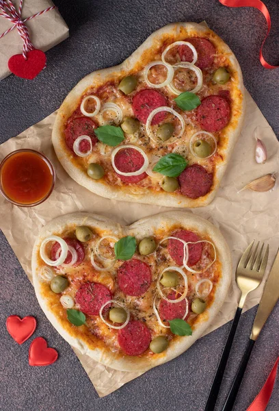 Two Heart Shaped Pizza Salami Sausage Cheese Valentines Day Brown — Fotografie, imagine de stoc