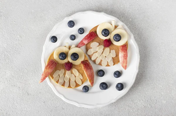Zabawne Śniadanie Dla Dzieci Naleśniki Kształcie Sowy Jagodami Malinami Jabłkami — Zdjęcie stockowe