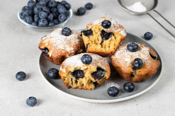 stock image Homemade muffins with blueberry and almonds sprinkled with powdered sugar on plate on gray plate