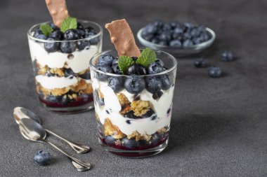 Koyu gri arka planda gözlüklü tatlı, yabanmersini, krema ve çikolata, yakın plan.