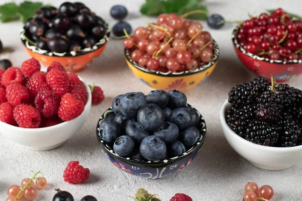 Summer vitamin food concept, set of various berries - blueberry, raspberry, blackberry, red white and black currant in bowls