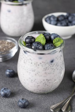Yabanmersinli Chia pudingi ve gri arka planda cam kavanozlarda nane şekeri, sağlıklı yiyecekler.