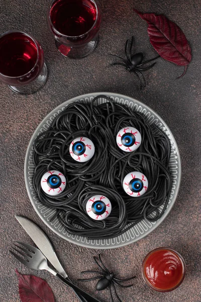 Halloween Italian Black Pasta Decorated Horror Eyes Gray Plate Brown Stock Picture