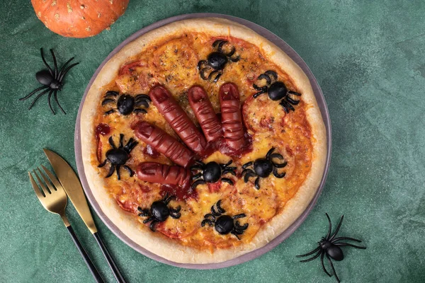 Pizza Halloween Degete Cârnați Păianjeni Idee Creativă Pentru Halloween Fundal — Fotografie, imagine de stoc