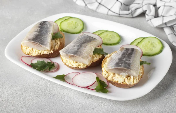 Tuzlu Ringa Balığı Peynir Yumurta Ile Yapımı Sandviçler Salatalık Turp — Stok fotoğraf