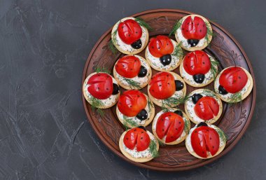 Domatesin uğur böceği şeklinde bisküvileri, üst görünümü, uzayı kopyala