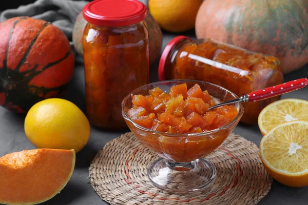 Homemade Pumpkin Jam Lemon Orange Transparent Bowl Jars — Stock Photo, Image
