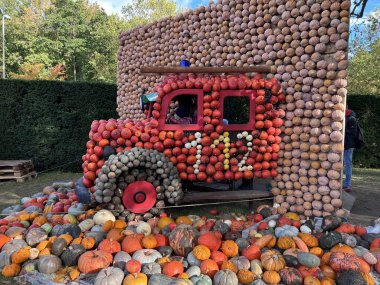 Ludwigsburg, Almanya 'da balkabağı festivali, 15 Ekim 2023, çeşitli balkabaklarından yapılmış renkli araba heykeli
