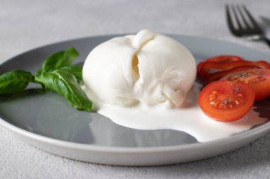İtalyan Burrata peyniri gri tabakta fesleğen ve kiraz domatesli.