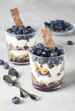 Gri arka planda bisküvi, yabanmersini, krema ve çikolatalı tatlı.