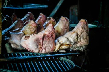 Domuz kafası dramatik bir tonda ızgarada.