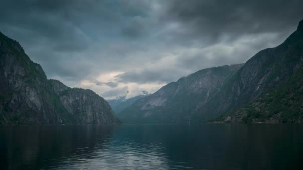 Timelapse Video Sunset Last Sunbeams Fjord Mountain Landscape Eidfjord Norway — Stockvideo