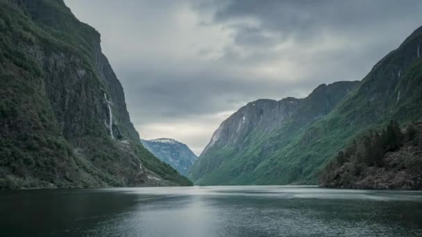 Timelapse Video Moody Fjord Mountains Waterfall Aurlandsfjord Gudvangen Norway Dark — Stock Video
