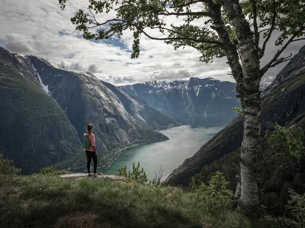 Girl Standing Top Eidfjord Norway Looking Fjord Mountains — Zdjęcie stockowe