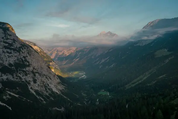 Valley in Karwendel mountains during sunrise in summer from above, Tyrol Austria