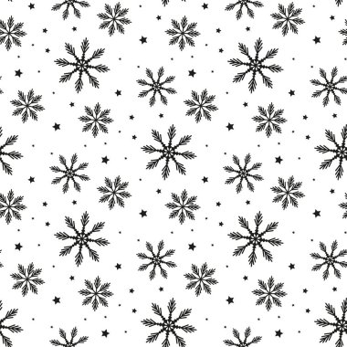 Çizgi filmlerdeki gibi kar taneleri beyaz arka planda çizilmiş. Yeni yıl arkaplanı. Kumaş, tekstil, ambalaj kağıdı, kart, davetiye, duvar kağıdı için vektör Noel arkaplanı. eps10