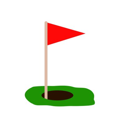Yeşil çim ve delikte kırmızı golf bayrağı. Beyaz arka planda izole edilmiş. Düz vektör çizimi. Spor konsepti. Hedef başarı işareti.