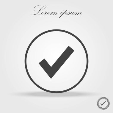 Kene işareti siyah element. Beyaz arkaplanda gri işaret simgesi izole edildi. Basit işaret tasarımı. Oylama, karar ve internet için çember şeklinde tamam düğmesi. Doğruluk, kontrol, onaylanmış Vektör illüstrasyonunun sembolü