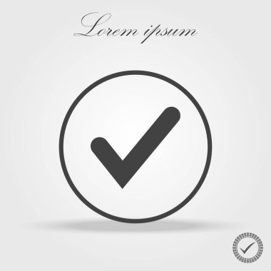 Kene işareti siyah element. Beyaz arkaplanda gri işaret simgesi izole edildi. Basit işaret tasarımı. Oylama, karar ve internet için çember şeklinde tamam düğmesi. Doğruluk, kontrol, onaylanmış Vektör illüstrasyonunun sembolü