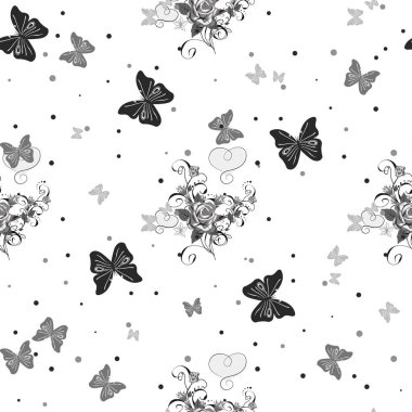 Çiçekli kusursuz çiçek deseni, kelebek ve kalp.
