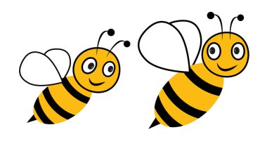 Farklı tarzlarda dost arılar. Çizgi film mutlu uçan arılar ve büyük güzel gözler. Böcek karakteri. Vektör beyazda izole edildi.